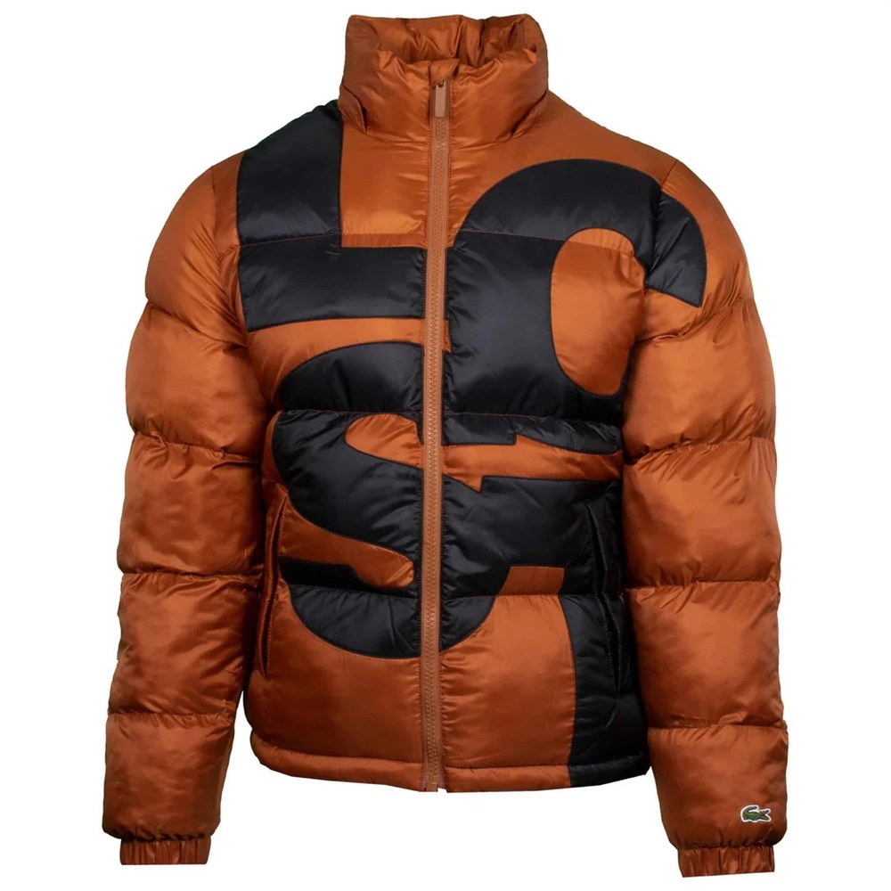 Lacoste Puffer Jacket Large Brown Black Oversized Water Repellent NWT
